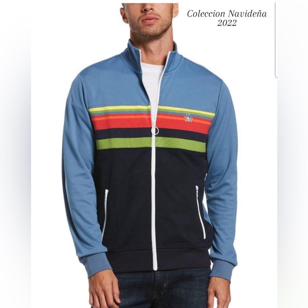Original Penguin Blue and Black Zip-Up Track Jacket with Multi-Color Stripes
